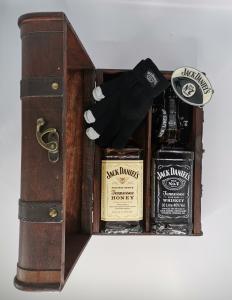 Truhla Jack Daniels 1l + Jack Honey 1l + rukavice, šátek, spona, narámek